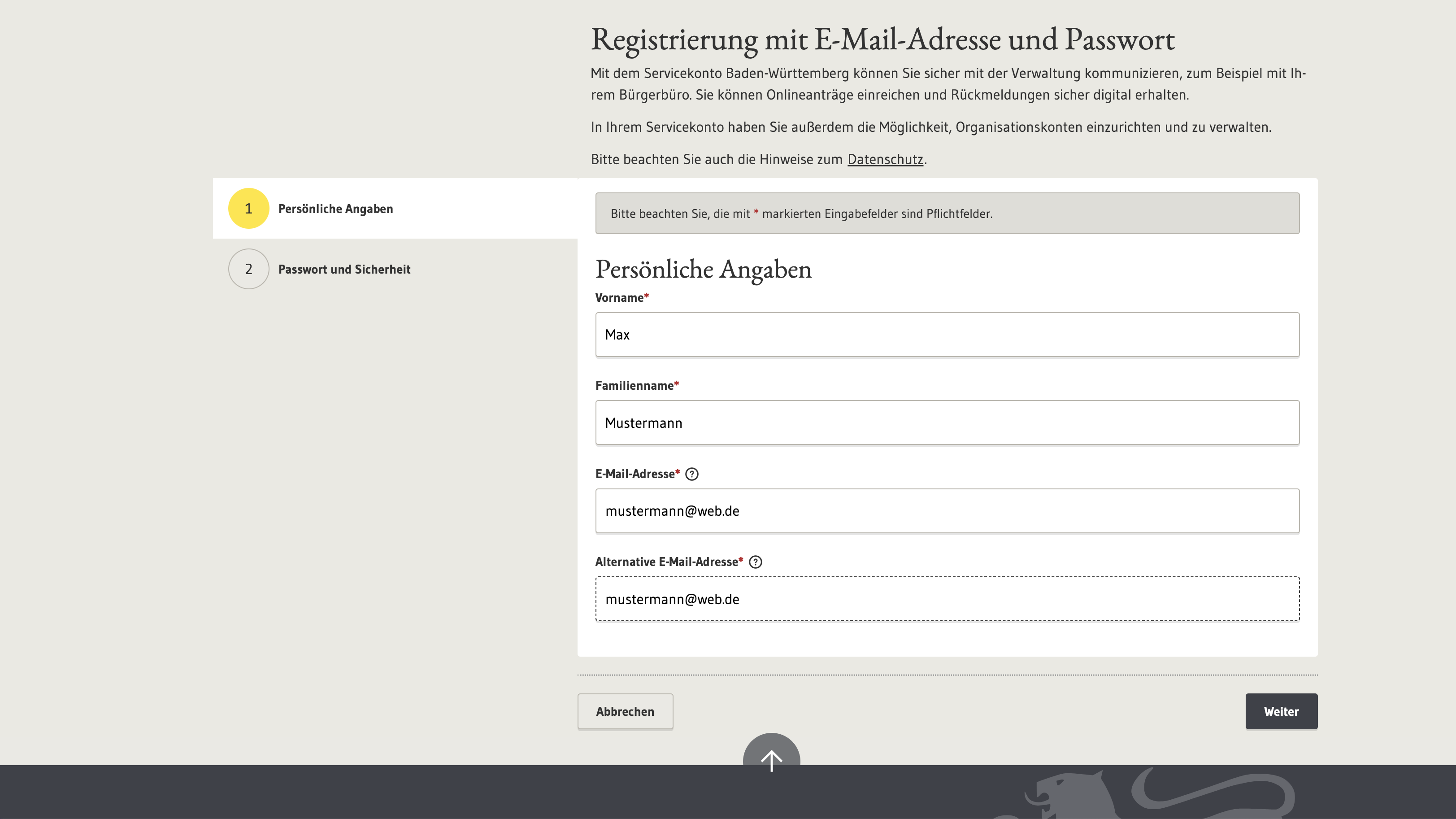 Screenshot ServiceBW Eingabemaske Persönliche Daten
